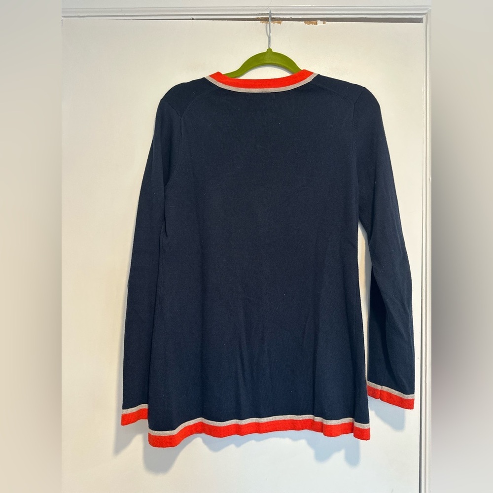 Banana Republic Sz:M Tunic Vneck Cardigan Button sweater navy/Orange/ Gray Trim. - Picture 2 of 9